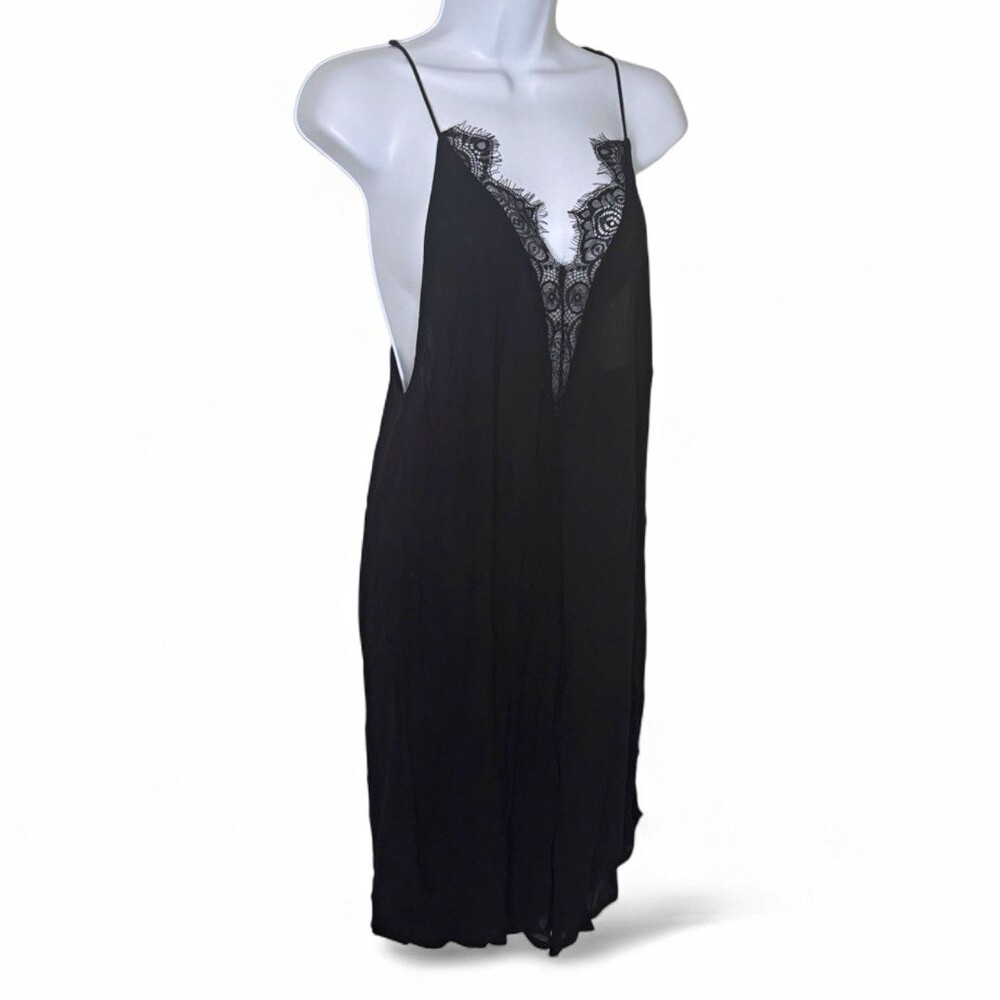 Free People Black Lace V-Neck Sleeveless Chemise Slip Dress, Women’s S